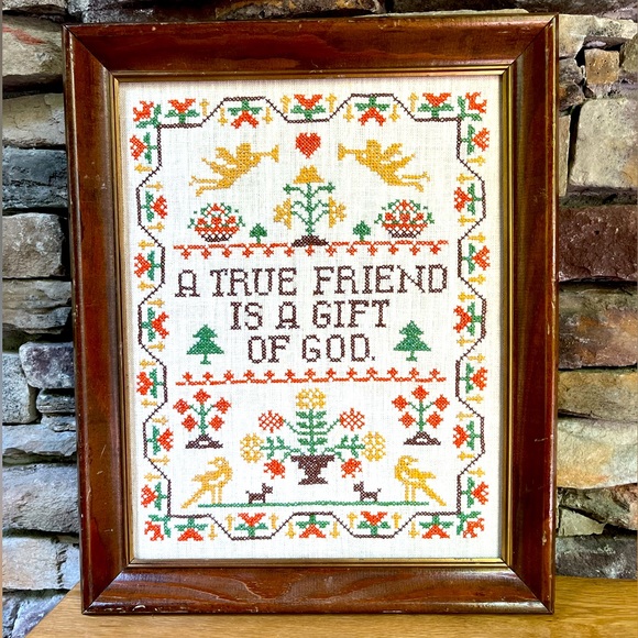VTG Cross Stitch Friendship Quote Christian Handcrafted Friend Boho Wall Art - Picture 1 of 6